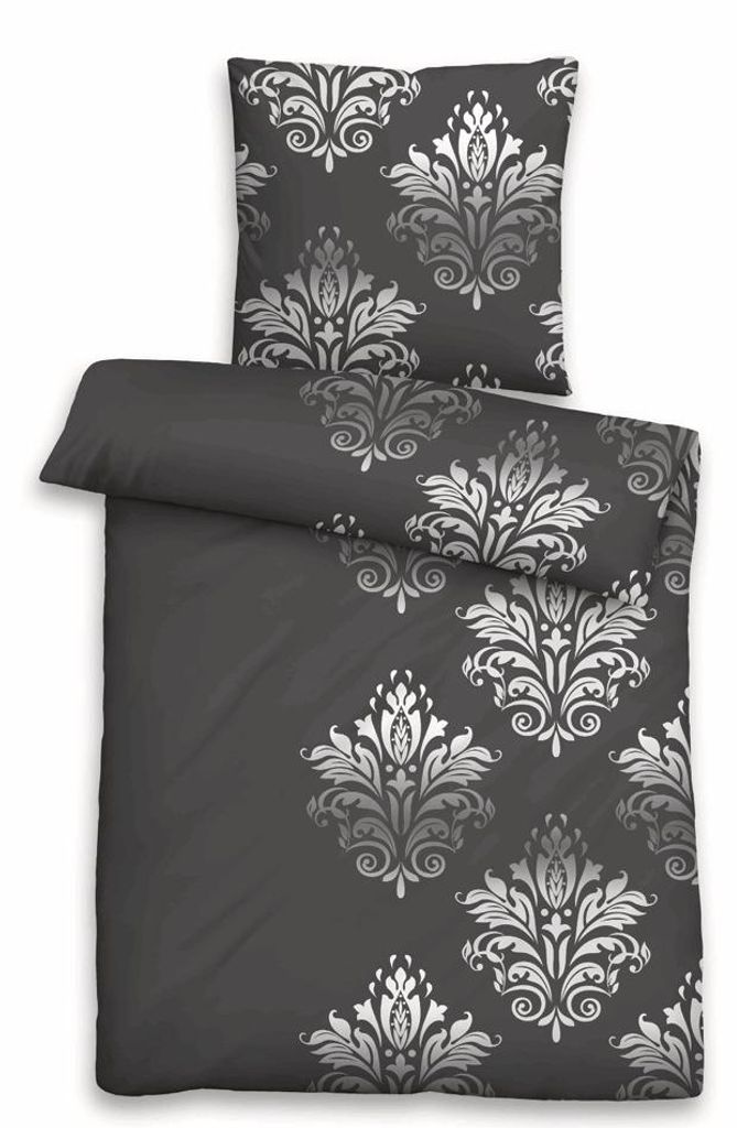 Biber Bettwäsche 155x220 cm Set Schwarz Grau Anthrazit Ornament Design mit Reißverschluss warm und kuschelig