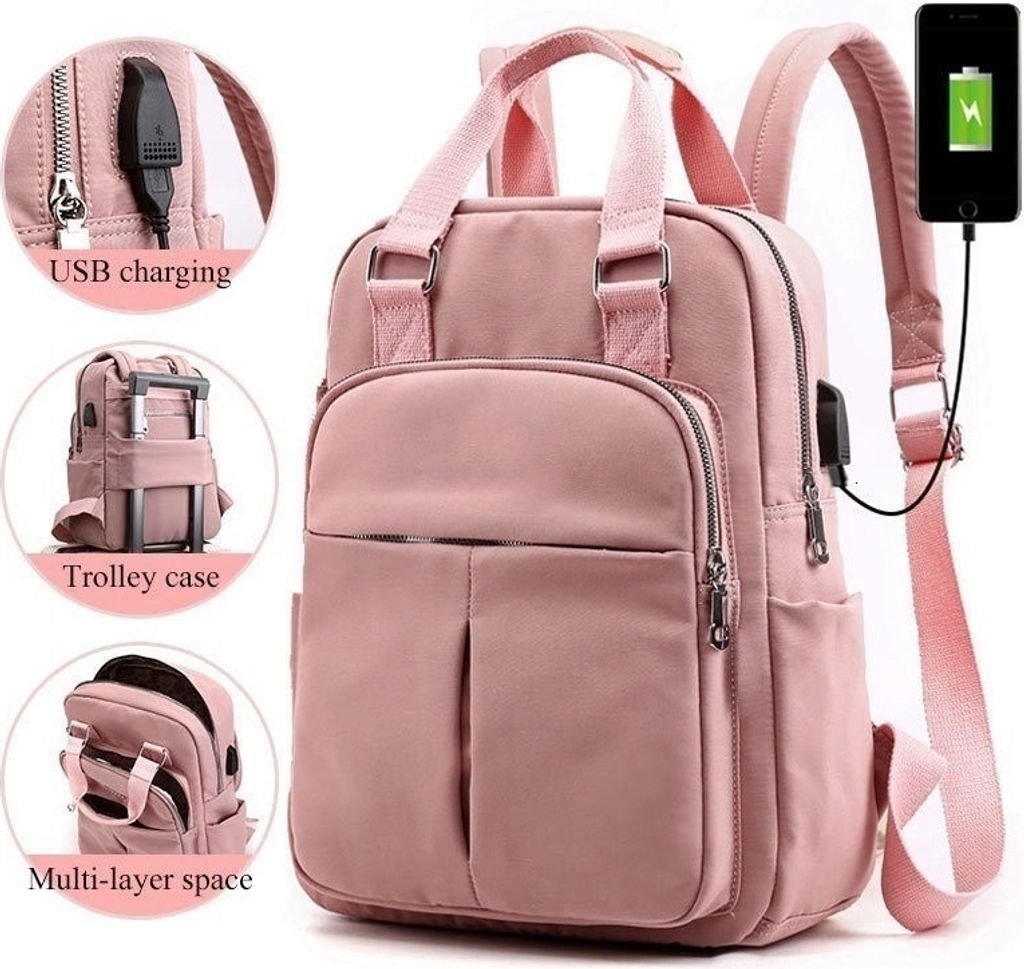 Laptop-Rucksäcke USB-Laderucksack Reiserucksack Schultasche, Hell-Pink