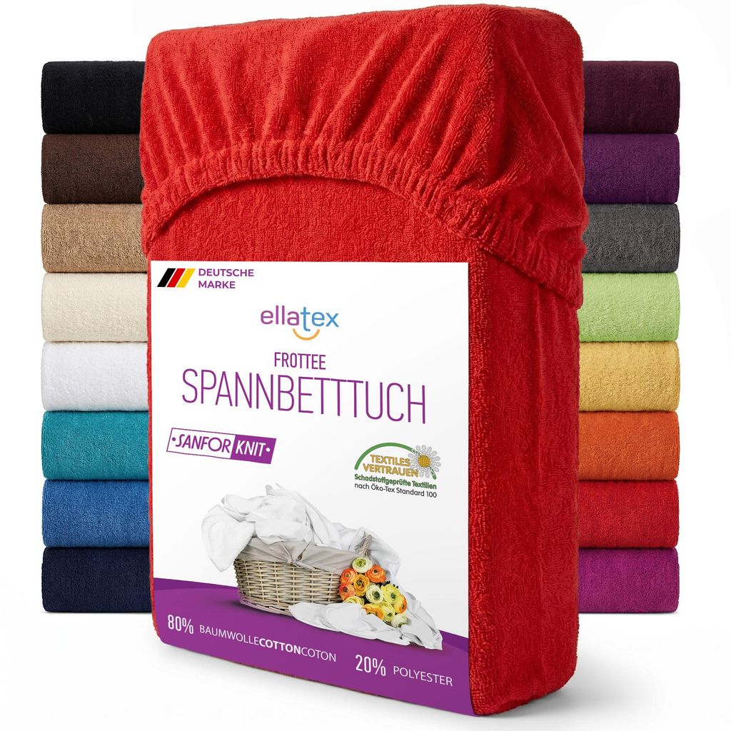 EllaTex Frottee Spannbettlaken 90x200 – 100x200 Baumwolle – weich, warm & elastisch, Spannbetttuch mit Rundumgummi, in Farbe: Rot