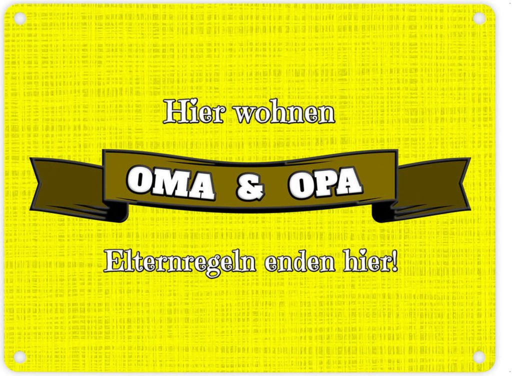 Metallschild in 15x20 cm Hier wohnen Oma & Opa mit Stoffoptik in gelb und Banner