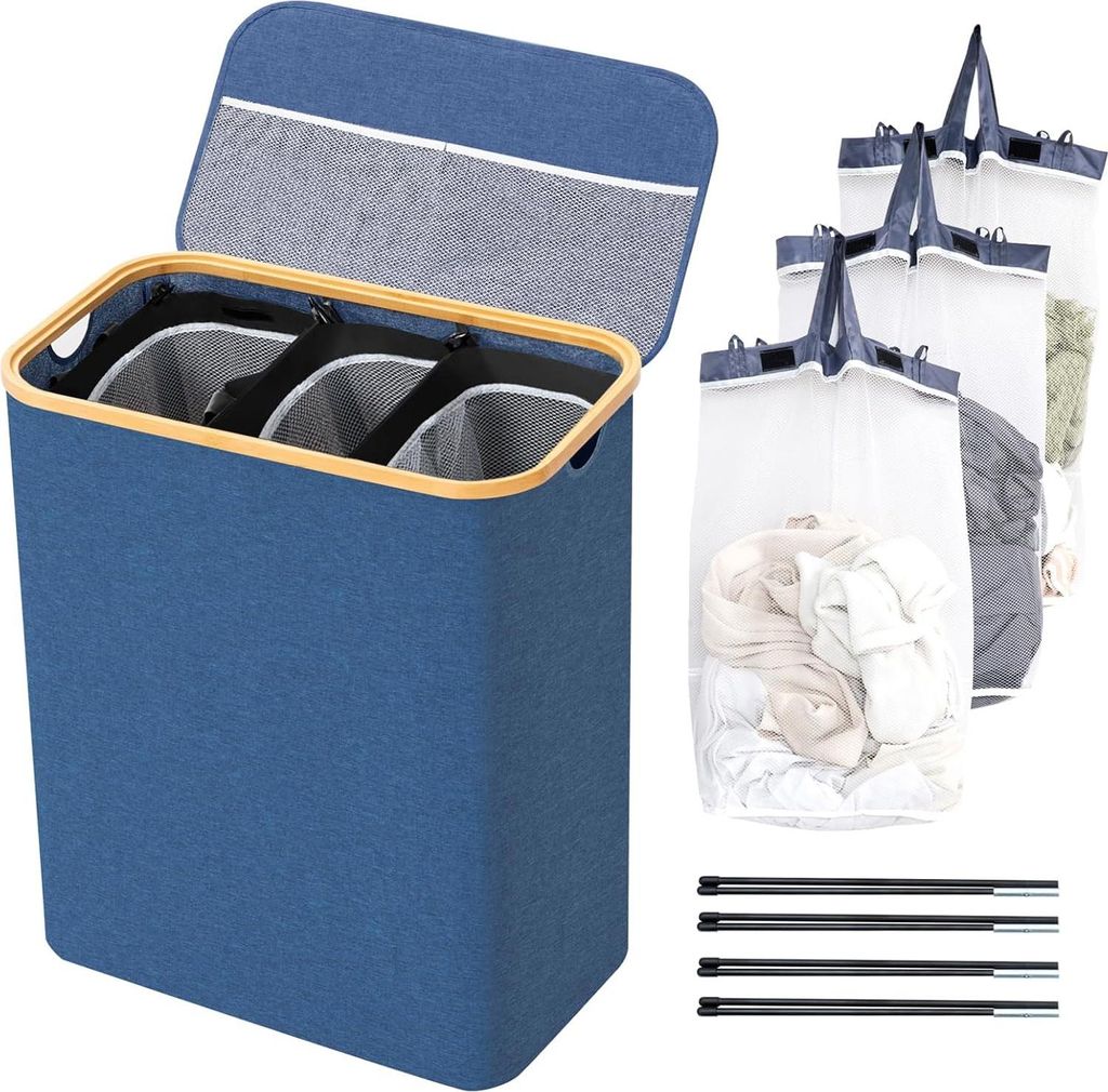 Wäschekorb 3 Fächer - Wäschesortierer - Mit herausnehmbaren Taschen – Wäschekorb – Wäschesortierer mit Deckel – Faltbar - Wäschebox