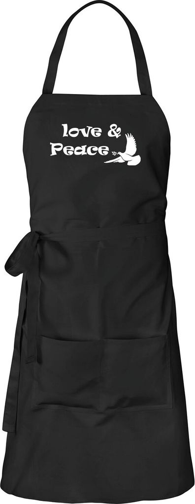 Huuraa Schürze Love & Peace Schwarz mit Taschen Baumwolle Kochschürze Geschenkidee