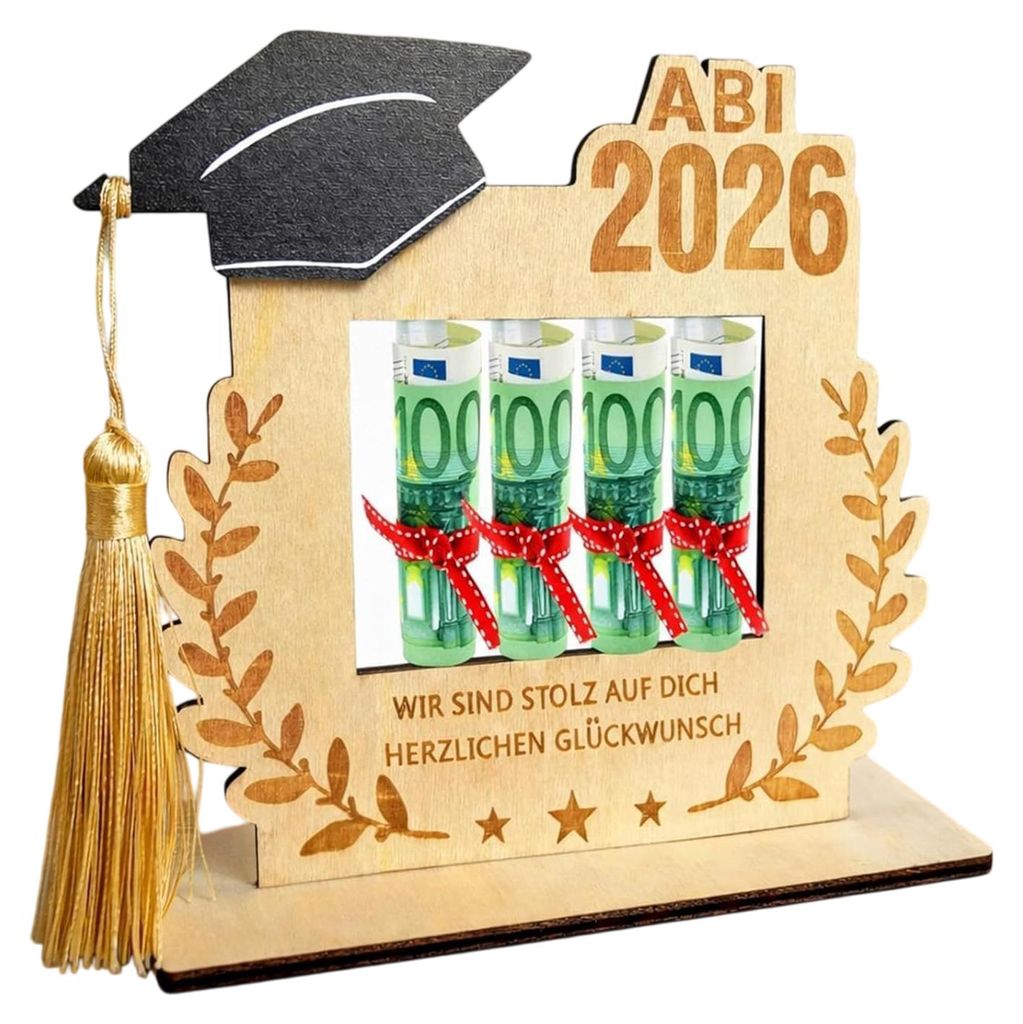 Geldhalter aus Holz für den Tisch, ideal als Geschenk zum Schulabschluss 2026. Perfekt für Geldgeschenke an der High School und Hochschule.