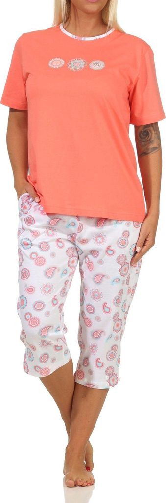 Toller Damen Capri kurzarm Pyjama Schlafanzug in tollem Design, Hose floraler Print ; apricot , 36