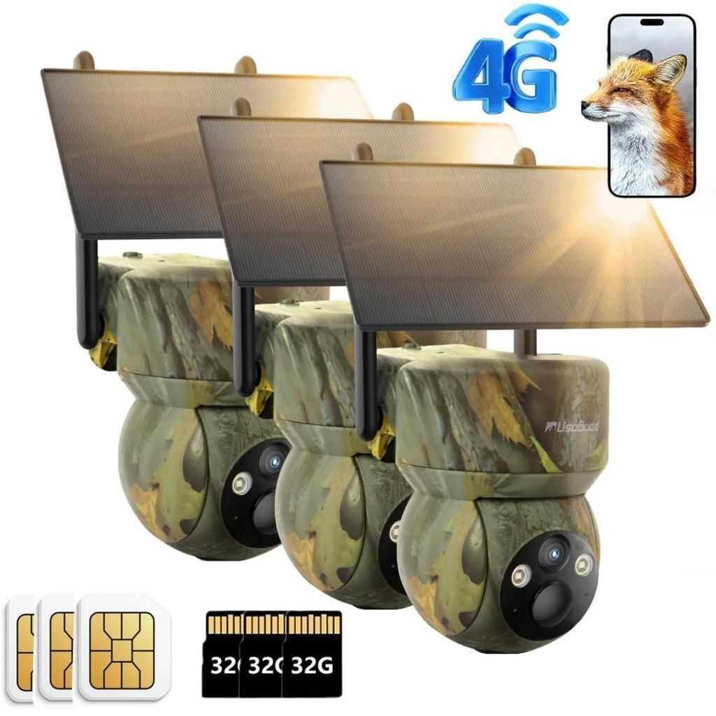 usogood 4G LTE Wildkamera Solar 2K 360° PZT Wildkamera mit Handyübertragung App Wildtierkamera mit SIM-Karte 32GB karte Bewegungsmelder Nachtsich...