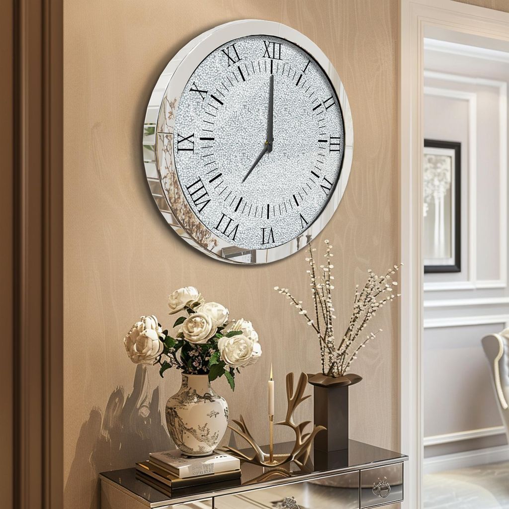 Vrygle Große Wanduhr 60 cm Silber, Kristall Diamant Design, Geräuschlose Wohnzimmeruhr mit Römischen Ziffern, Batteriebetriebene Wanddekoration
