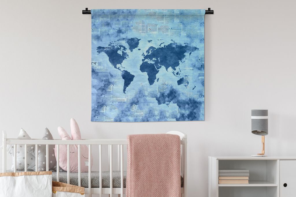 MuchoWow Wandteppich Wandbehang Weltkarte - Abstrakt - Blau 90x90 cm Tapisserie Dekoration Wandtuch - Wandaufhänger
