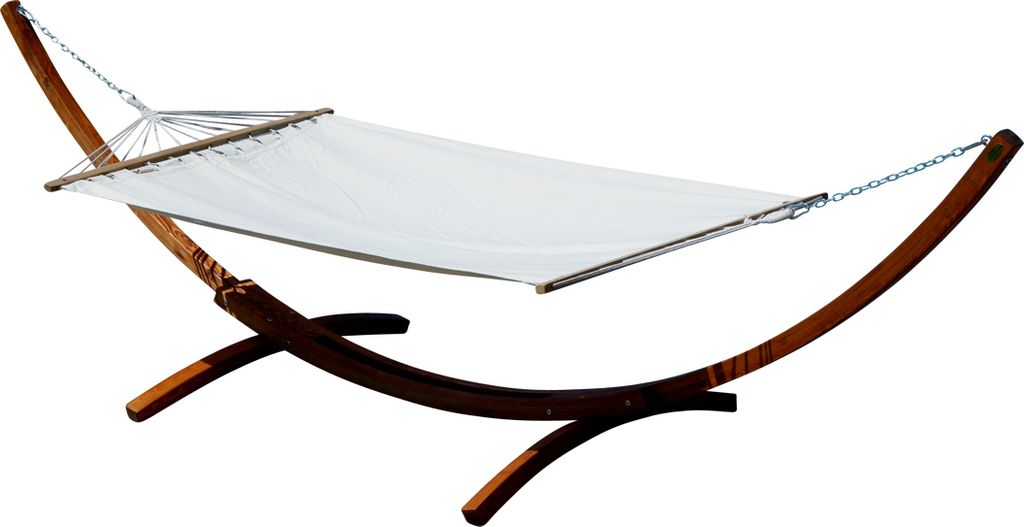 ALEOS. 400cm XXL Hängemattengestell Gestell aus Holz Lärche dunkelbraun mit Stab Hängematte Creme 120x200 cm