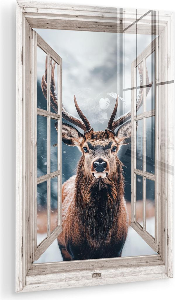 MuchoWow Glasbilder - Bilder auf Wandbild - Foto auf Glas Hirsche - Tiere - Landschaft - Winter - Schnee - Aussicht - Natur 40x60 cm Wanddekoration...