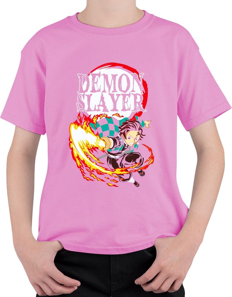 Demon Slayer Tanjiro Feuer Atem Kampf Anime Geschenk Shonen Uni Kinder T-Shirt, Pink, 104