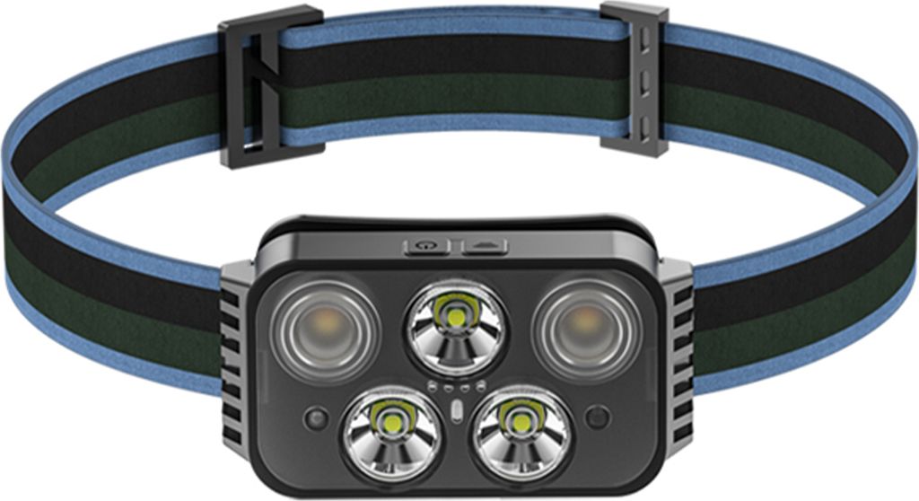 A headlamp with a multi-LED front and an adjustable strap.