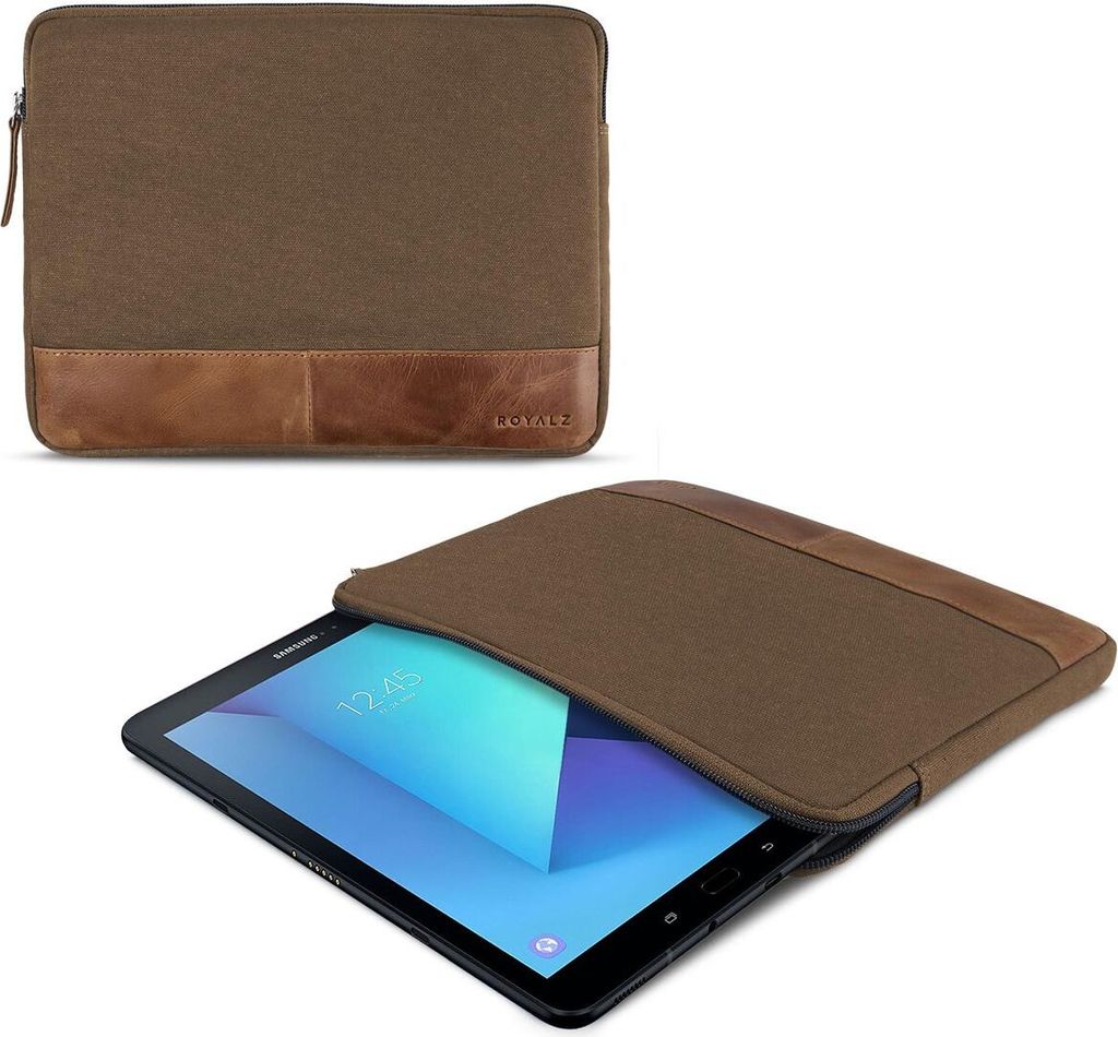 ROYALZ Canvas Tasche für Samsung Galaxy Tab S3 Schutz Hülle 9,7 Zoll Tablet Schutztasche Sleeve Case aus Canvas / Leder, Farbe:Braun