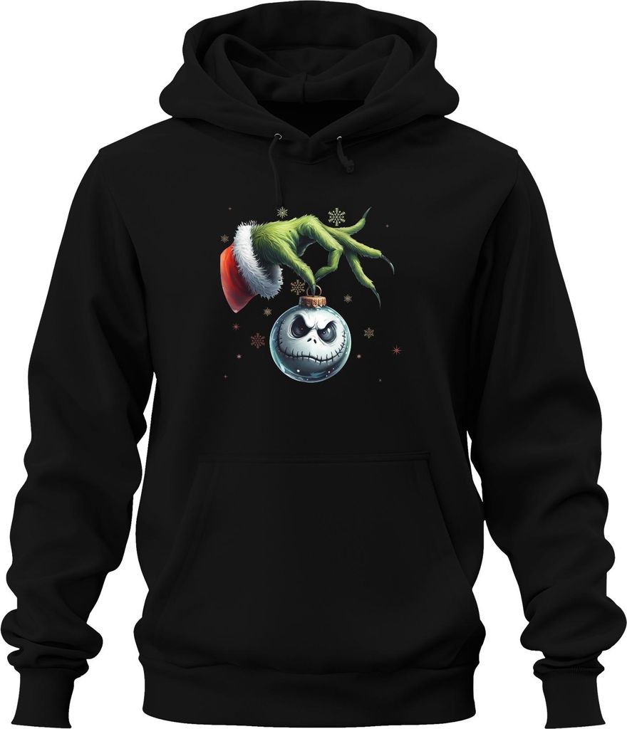 Grinch Hand Jack Skellington Weihnachtskugel düster Retro Uni Hoodie Kapuzenpullover, Schwarz, XL