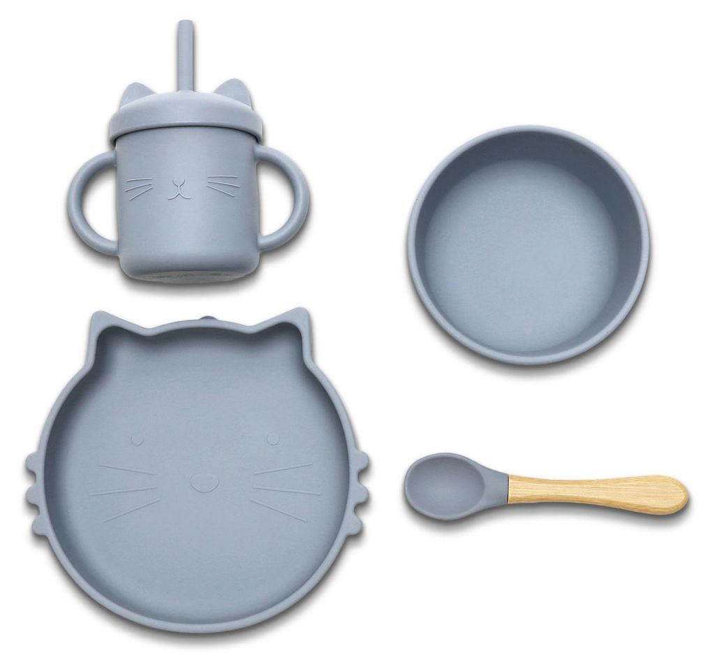 Lorelli Silicone Feeding Set 4 pc Silikon Fütterungsset mit Saugnapf Schüssel Teller Becher mit Strohhalm Löffel ab 6+ Monaten