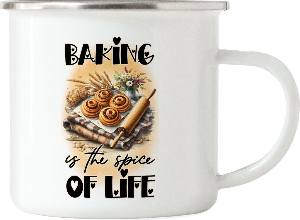 Baking is the Spice of Life Emaille Tasse Backen mit Liebe Bäcker Geschenkidee Küche