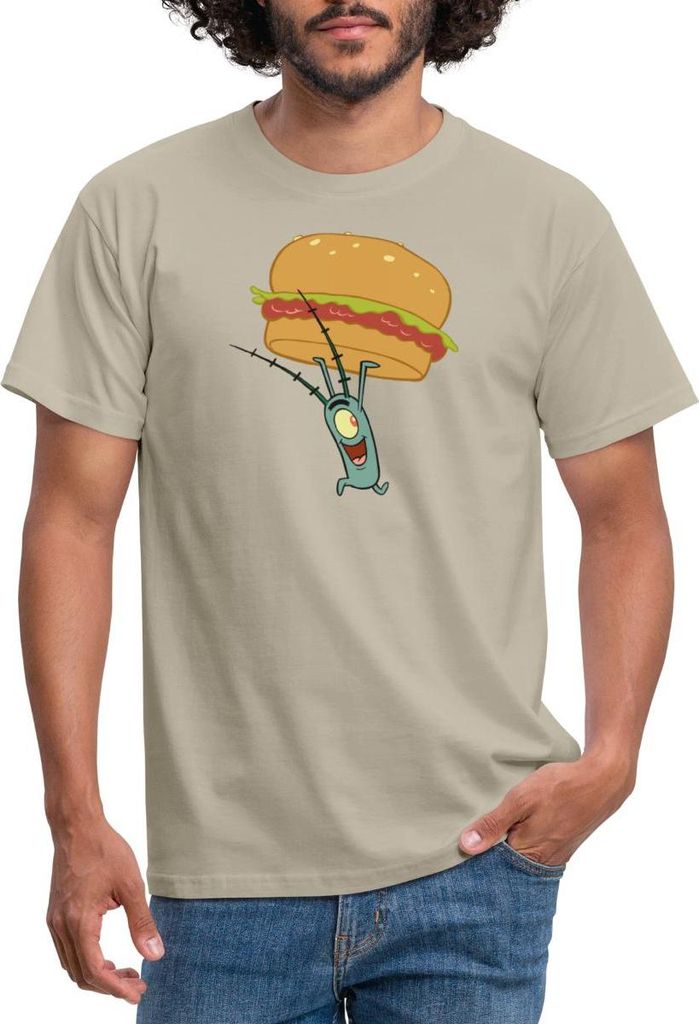 Spreadshirt Spongebob Schwammkopf Plankton Mit Hamburger Männer T-Shirt, XXL, Sandbeige