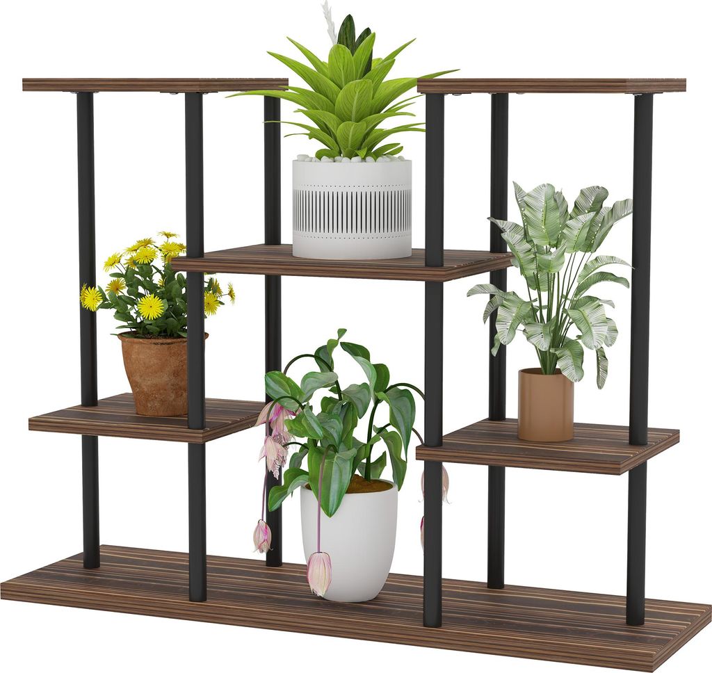 Blumenständer mit 4 Ebenen, 4-stufiger Pflanzenständer, Blumentopfhalter für drinnen und draußen, Holz, Stahl