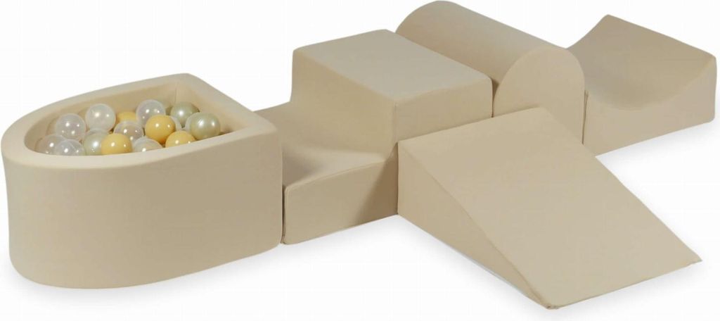 Schaumstoffspielplatz mit Hügel und Pool Mikrobeige + 100 Bälle: transparent, opaleszierend, hellgold, beige
