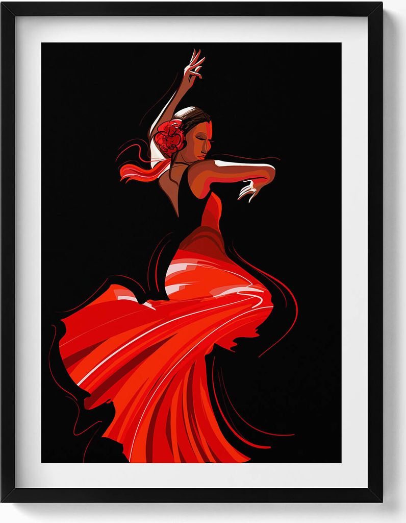 Kulturelles Phänomen Flamenco-Tänzer Musik Gesang Kostüm– Wandbild mit Rahmen – Gerahmtes Bild – Wanddekoration – 60x80 cm – Schwarz...