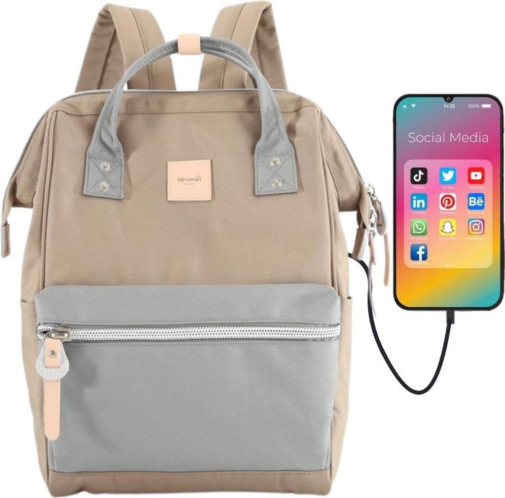 Himawari | Damenrucksack, mit verstellbaren Trägern, Braun, Grau, 27x40x17 cm