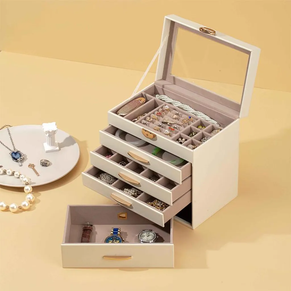 Grand coffret bijoux design blanc épuré avec compartiments multiples XXL - 4