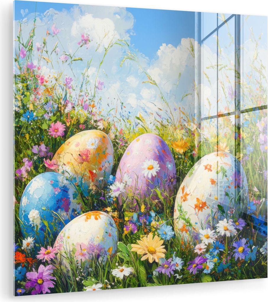 MuchoWow Glasbilder - Bilder auf Wandbild - Foto auf Glas Rasen - Eier - Blumen 30x30 cm Wanddekoration aus Glas - Acrylglasbild - Acrylbilder