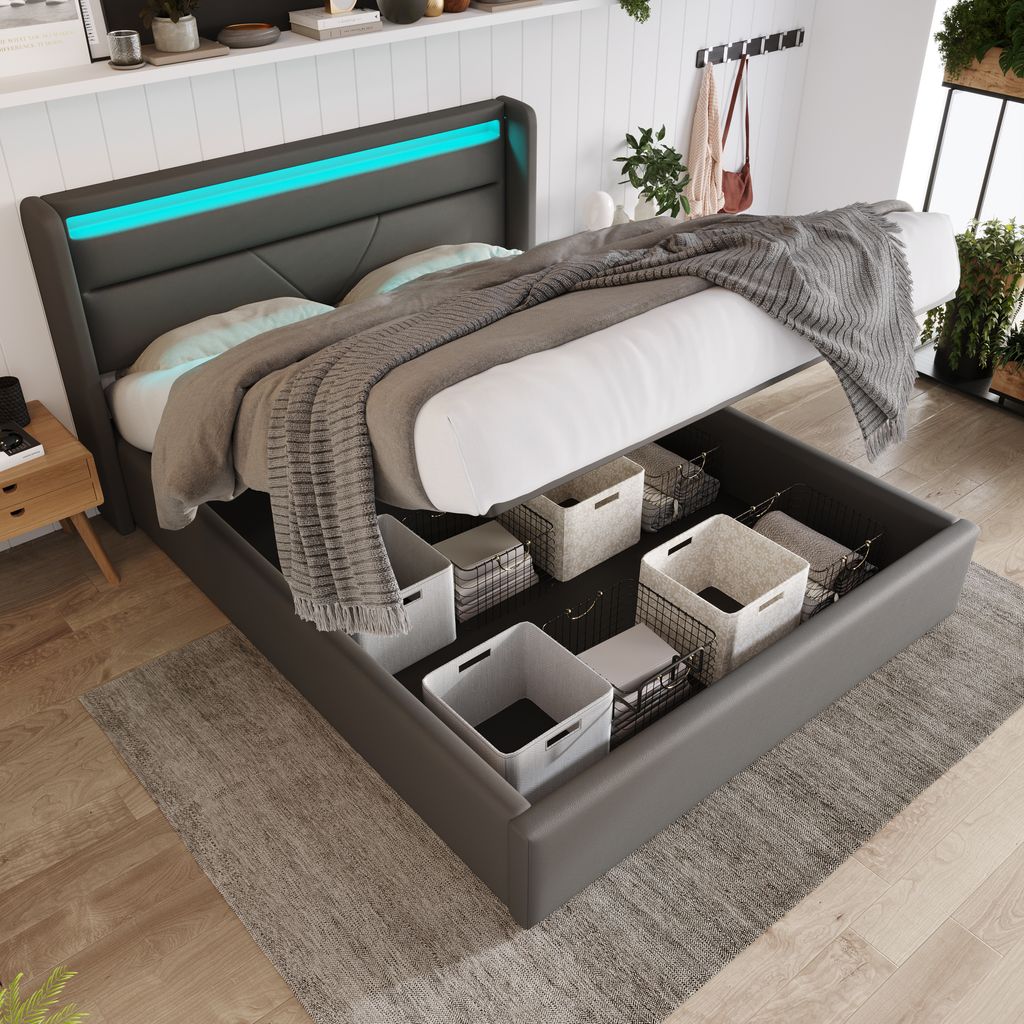 okwish Polstebett 140x200cm Doppelbett mit hydraulischem Stauraum,Bettgestell mit Lattenrost, Bettkasten und LED-Beleuchtung, Grau (ohne Matratze)