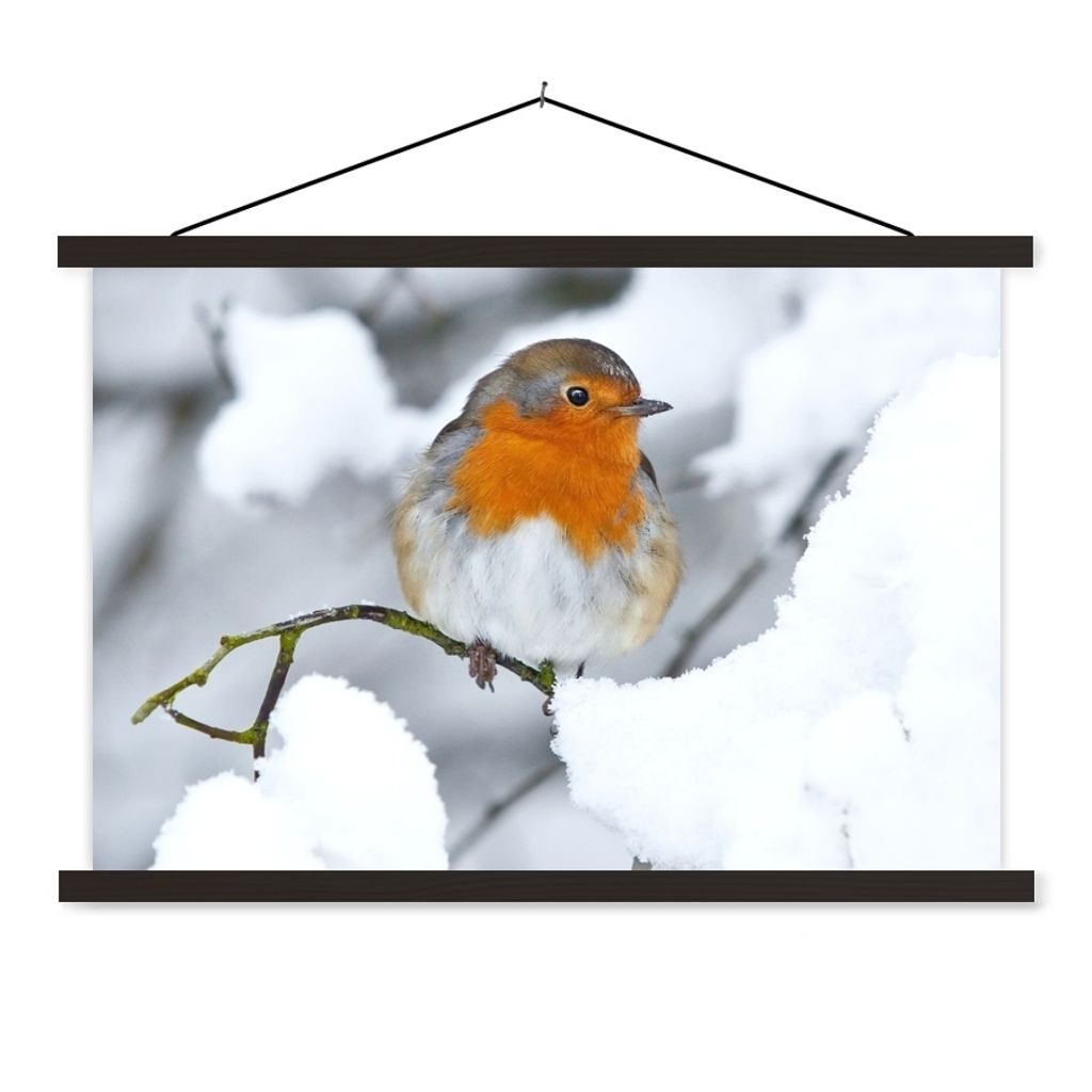 MuchoWow Textilposter Rotkehlchen - Schnee - Winter 120x80 cm mit schwarzem Rahmen - Wanddeko