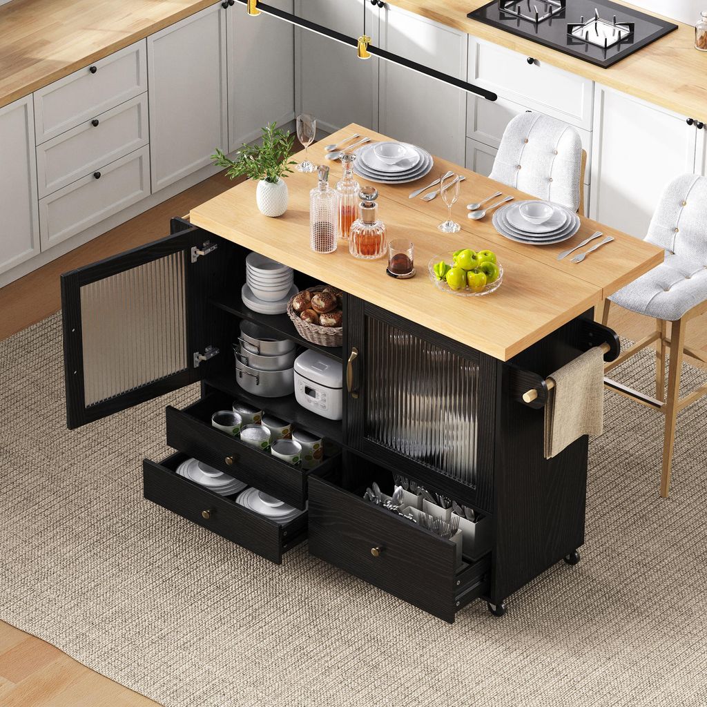 Desserte roulante,chariot de cuisine avec 2 portes,3 tiroirs,casier à vin,1 niche,plateau pliable,support à épices et porte-serviettes,noir desserte noir