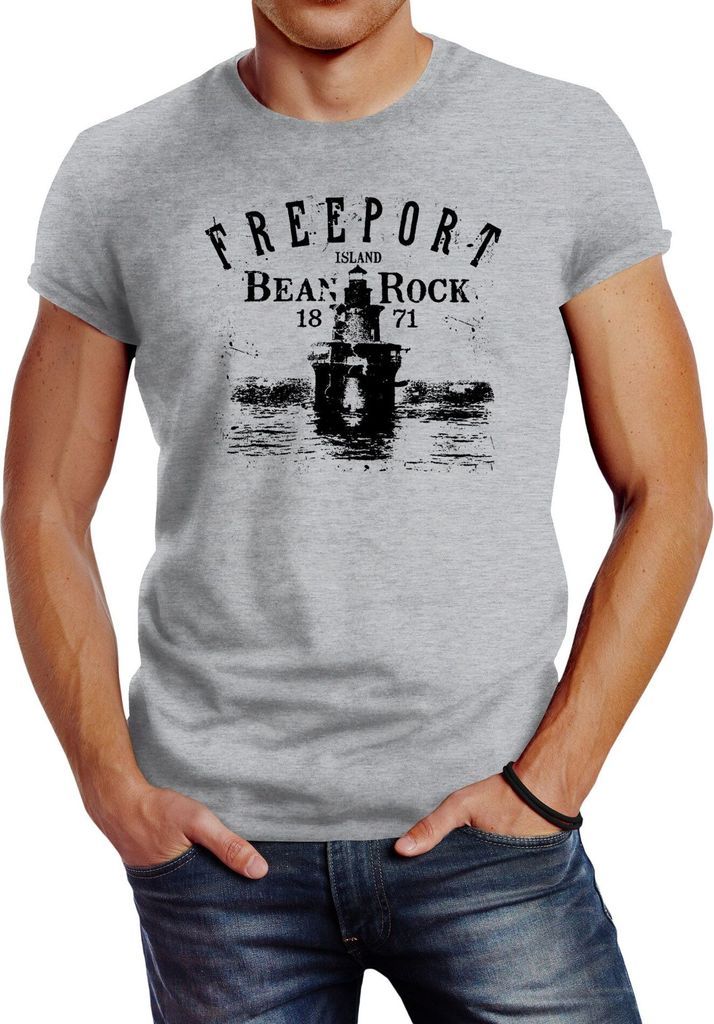 Herren T-Shirt Retro Print Leuchturm Motiv Schriftzug Freeport Island Fashion Streetstyle Neverless grau XL