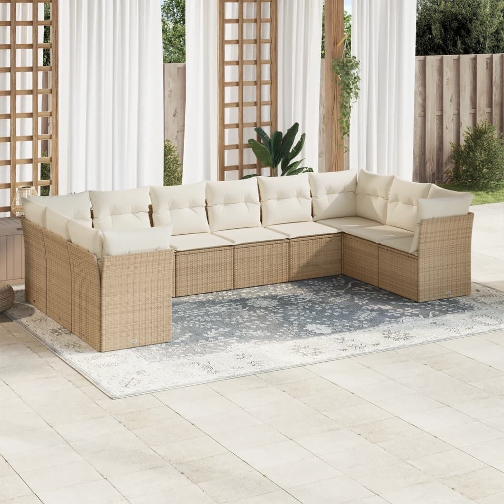 Möbel 10-tlg. Garten-Sofagarnitur mit Kissen Beige Poly Rattan 2024