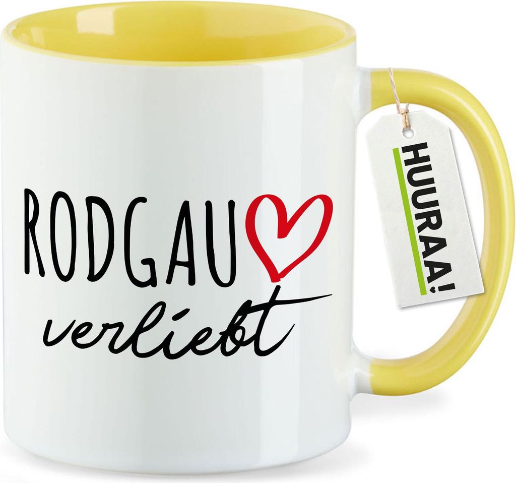 Huuraa Keramiktasse Rodgau verliebt Geschenk 330ml Gelb Rodgau Überraschung