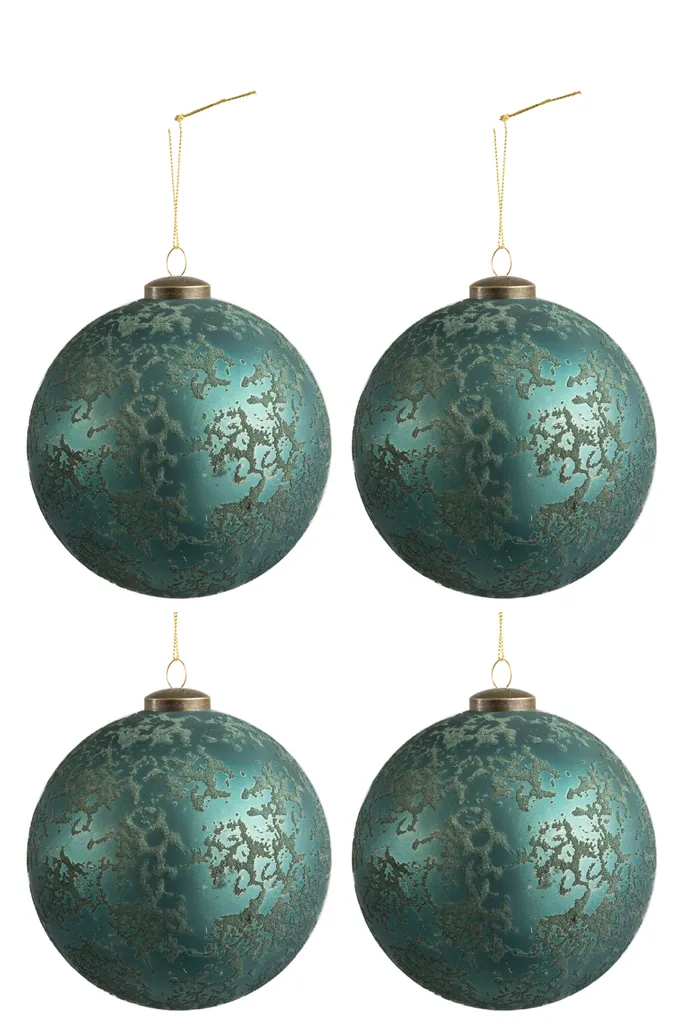 J-Line Boîte de 4 Boules de Noël en Verre Mat Antique Azur Taille L