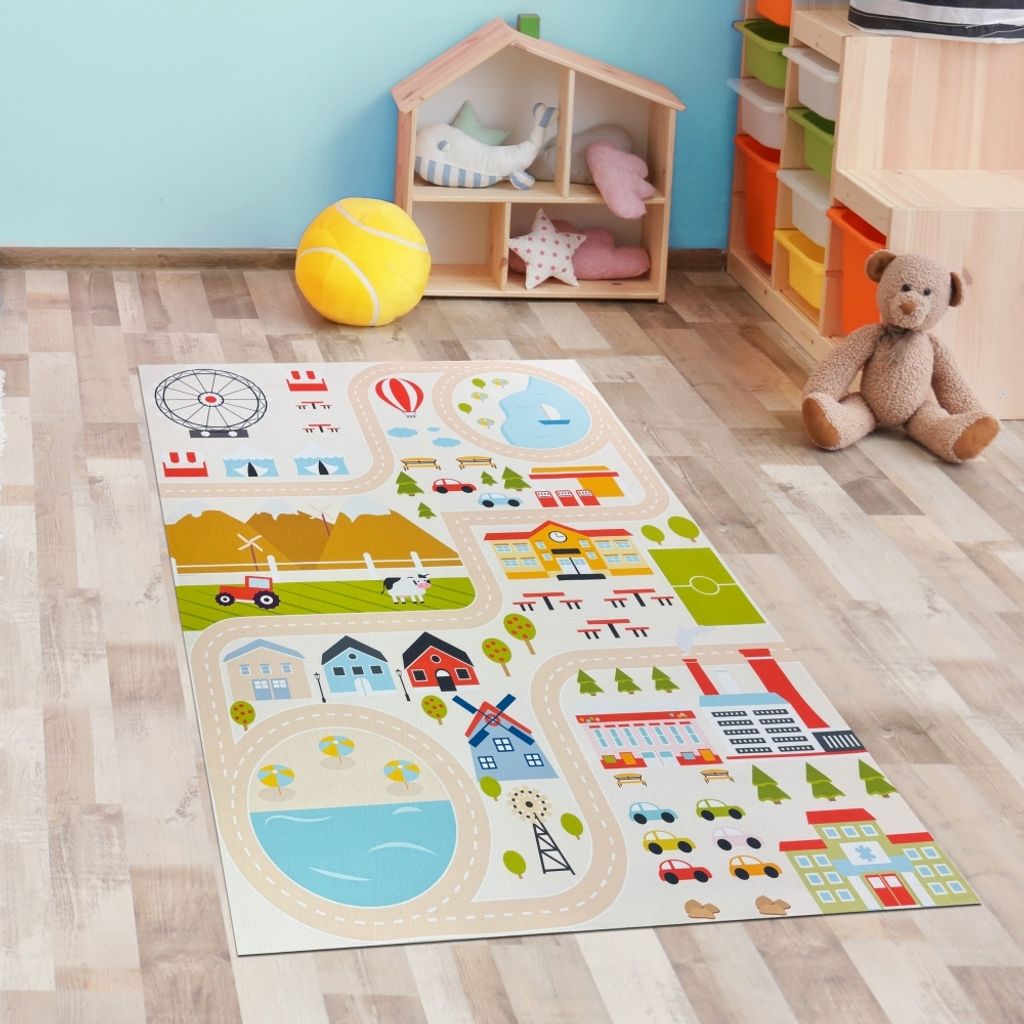 Kinderteppich pflegeleicht rutschfest mit Stadt Motiv in Beige Größe - 100 x 200 cm