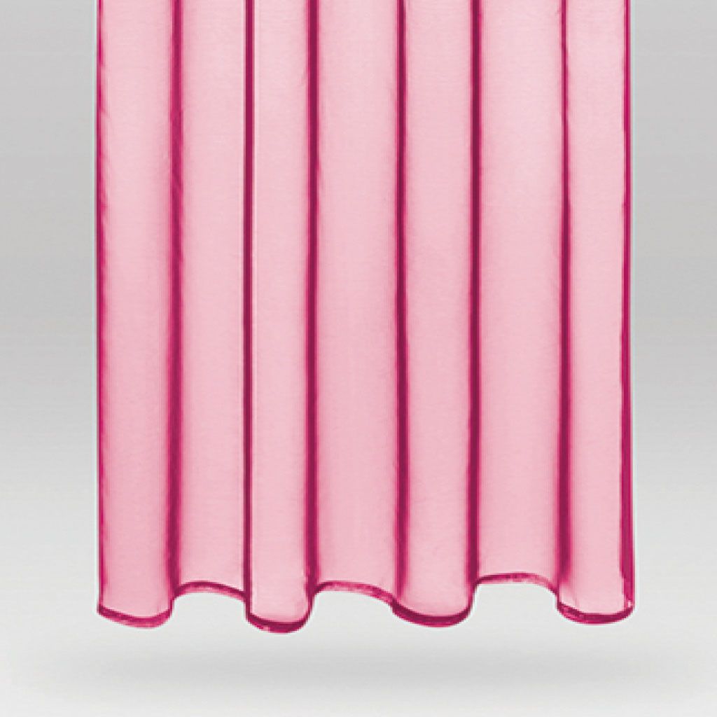 A close-up view of a pink sheer curtain with vertical pleats.