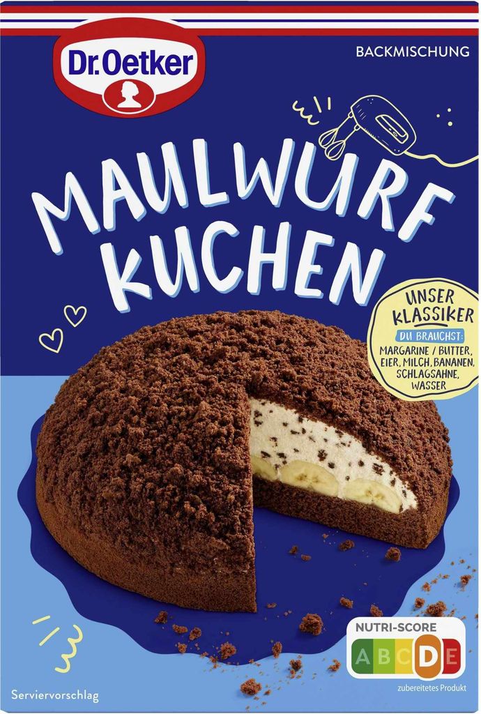 A box of Dr. Oetker Maulwurf Kuchen baking mix, with a picture of the finished cake.