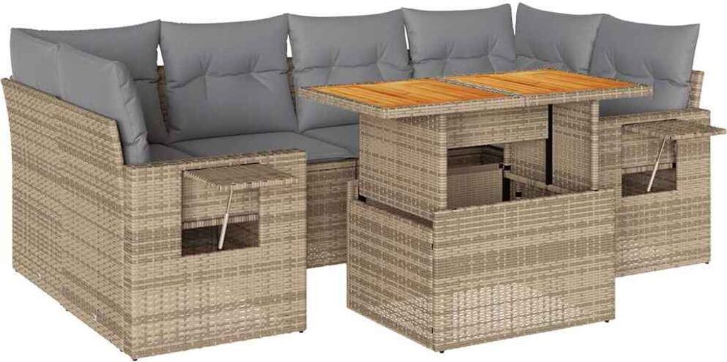 vidaXL 7-tlg. Garten-Sofagarnitur mit Kissen Beige Poly Rattan