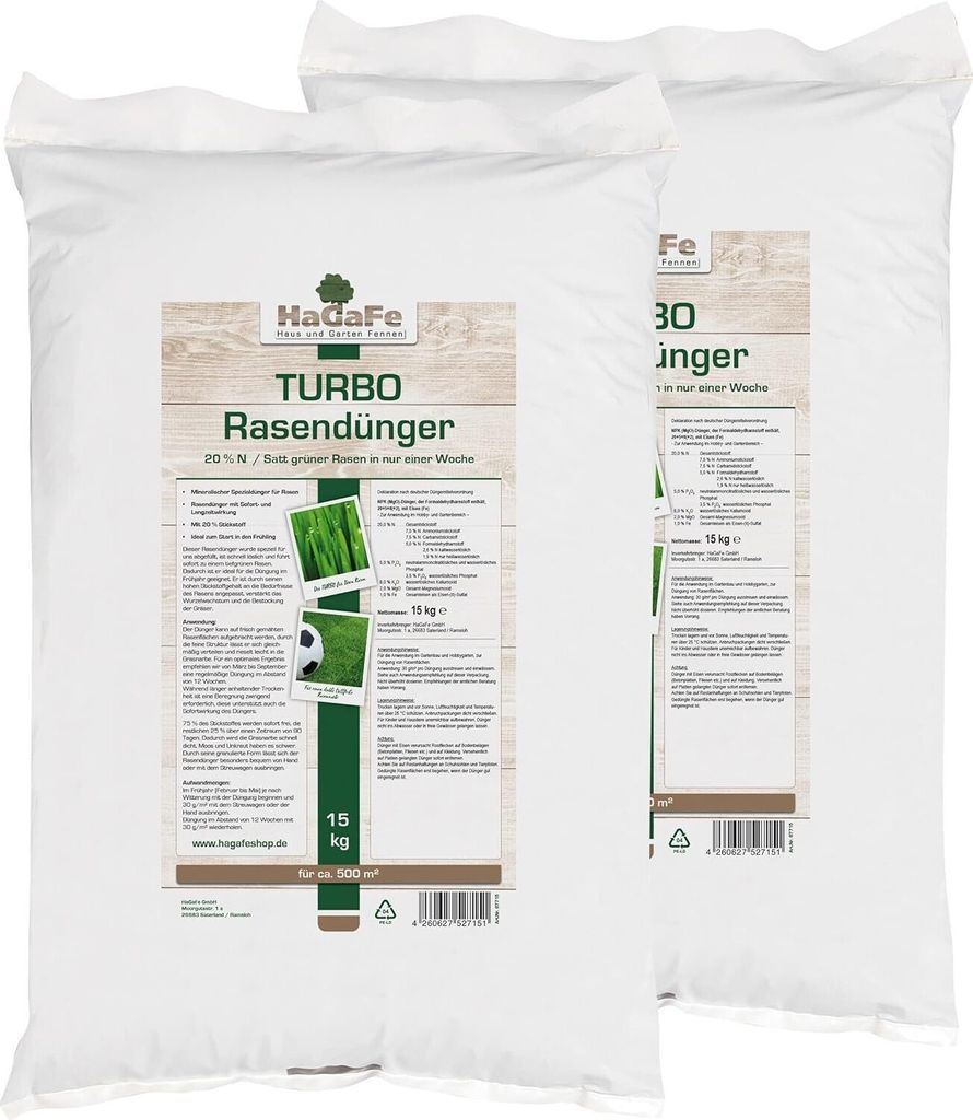 HaGaFe TURBO Rasendünger 20% N, 2 x 15kg, Dünger, Volldünger, Spezialdünger mit Sofort und Langzeitwirkung, sattes Grün in 1. Woche