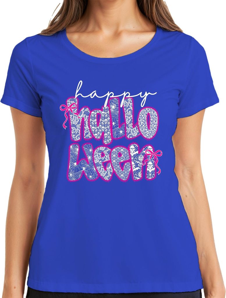 Happy Halloween Spinnennetz Spitze Pink Schleife Gothic Mädchen Damen T-Shirt, Blau, M