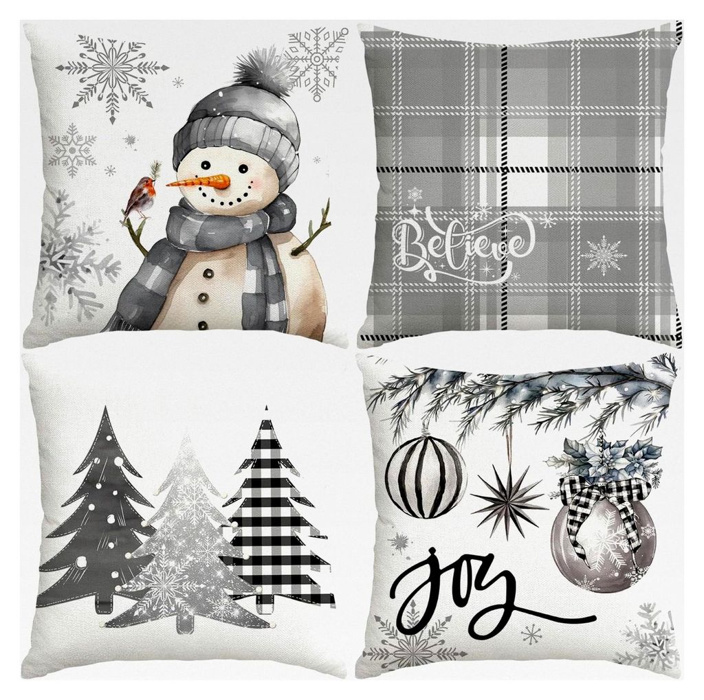 Weihnachtskissenbezüge 45x45 cm Set von 4, Dekorative Bauernhaus Schneemann Freude Glauben Weihnachtsbaum graue Kissenbezüge für Winterdekoration
