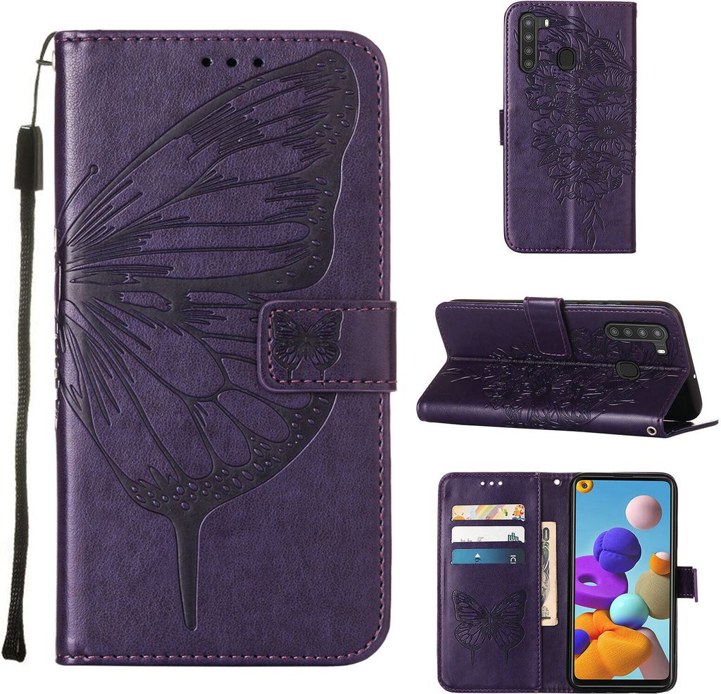 Galaxy A21 Hülle, Schmetterling Prägung Flip Leder Produktbild 