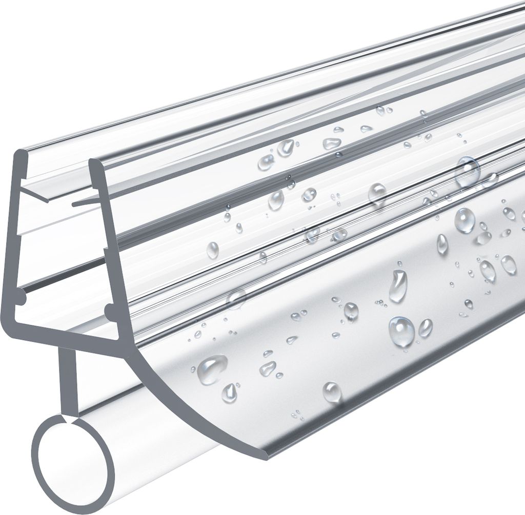 A close-up, studio shot of a clear plastic shower door seal with water droplets on it.