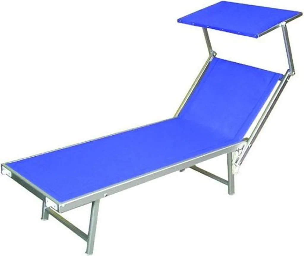 Transat pliable en aluminium bleu avec parasol et vis inox 184x61 cm