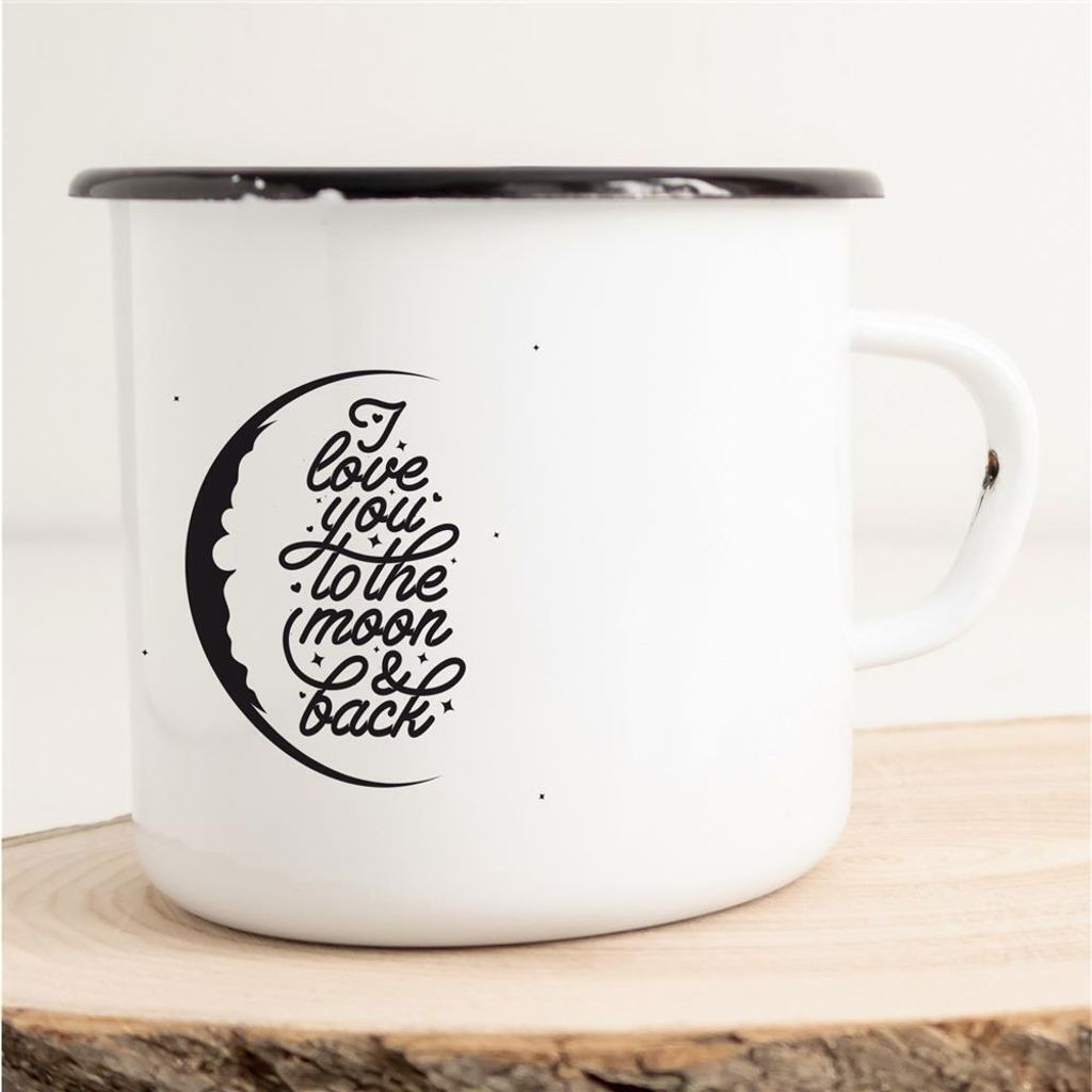 Huuraa Emaille Tasse I love you to the moon and back Geschenk Kaffeebecher Vintage 300ml I love you to the moon and back Präsent