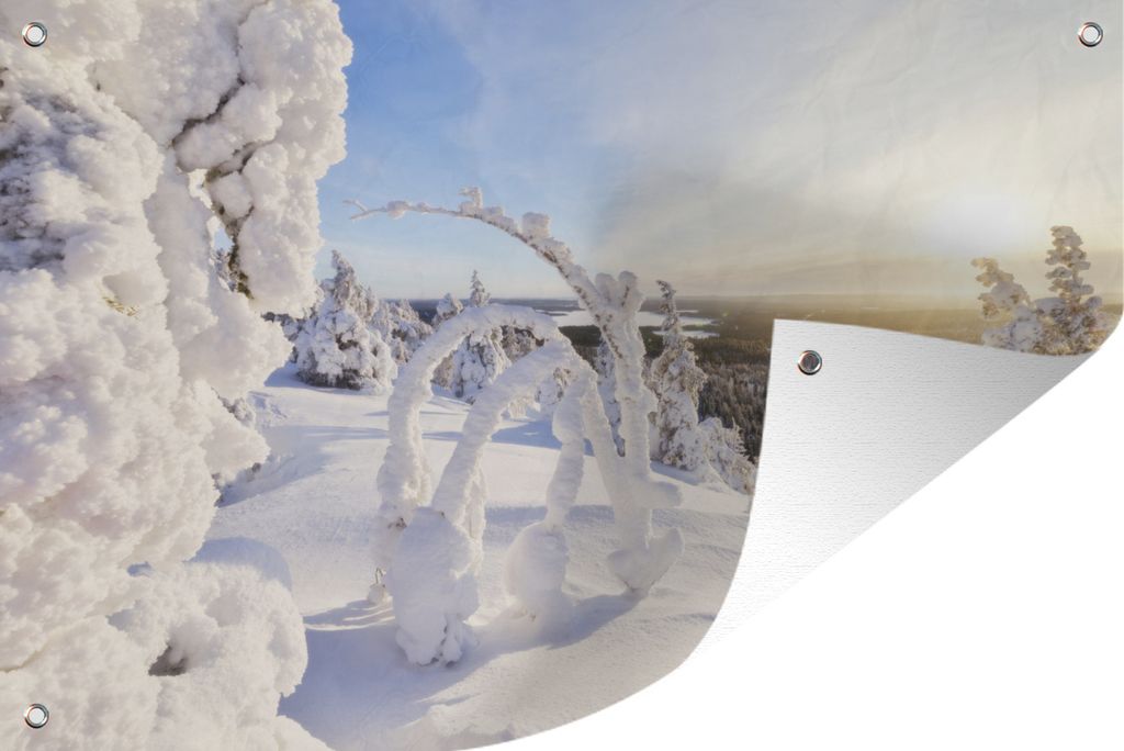 MuchoWow 60x40 cm Outdoor-Poster Gartendeko Sichtschutz Garten Poster für den Garten Die Sonne scheint auf eine verschneite Winterlandschaft