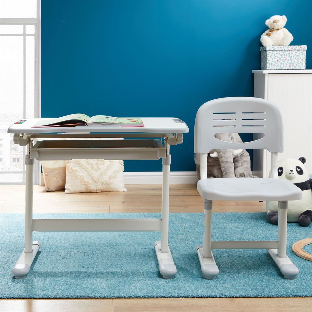 Polini Home Kinderschreibtisch 110cm - Grau-Weiß Mit Rosa Griffen Für Kinderzimmer & Büro