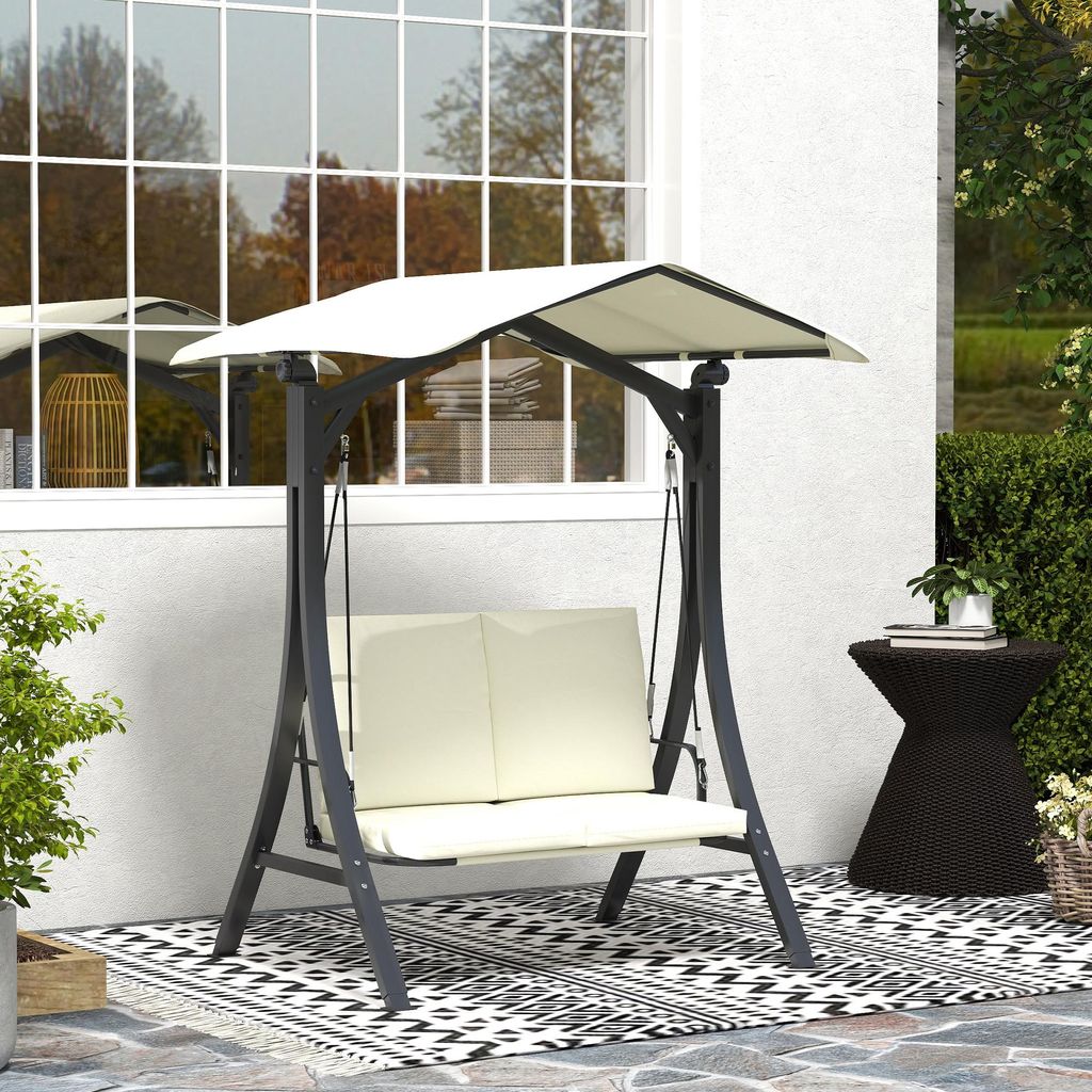 Hollywoodschaukel 2-Sitzer mit Sonnendach, Gartenschaukel Metall, Texteline, Cremeweiß | 150x120x182 cm | bis 220 kg | UPF30+ UV-Schutz