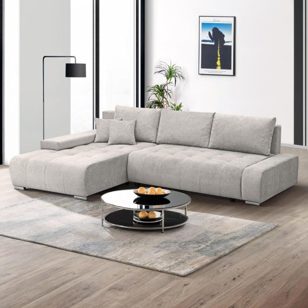 Ecksofa DRACO L mit Schlaffunktion & Bettkasten, Velo in Hellbeige, Ottomane Links