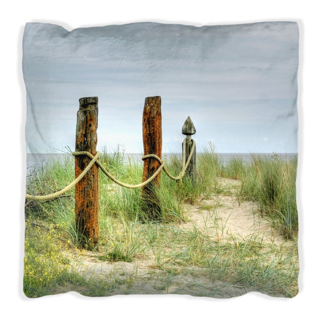 Wallario Premium Kissen, weiche Oberfläche, mit Motiv Düne am Strand mit Holzpfahl, Größe: 40 x 40 cm, mit weißer Rückseite