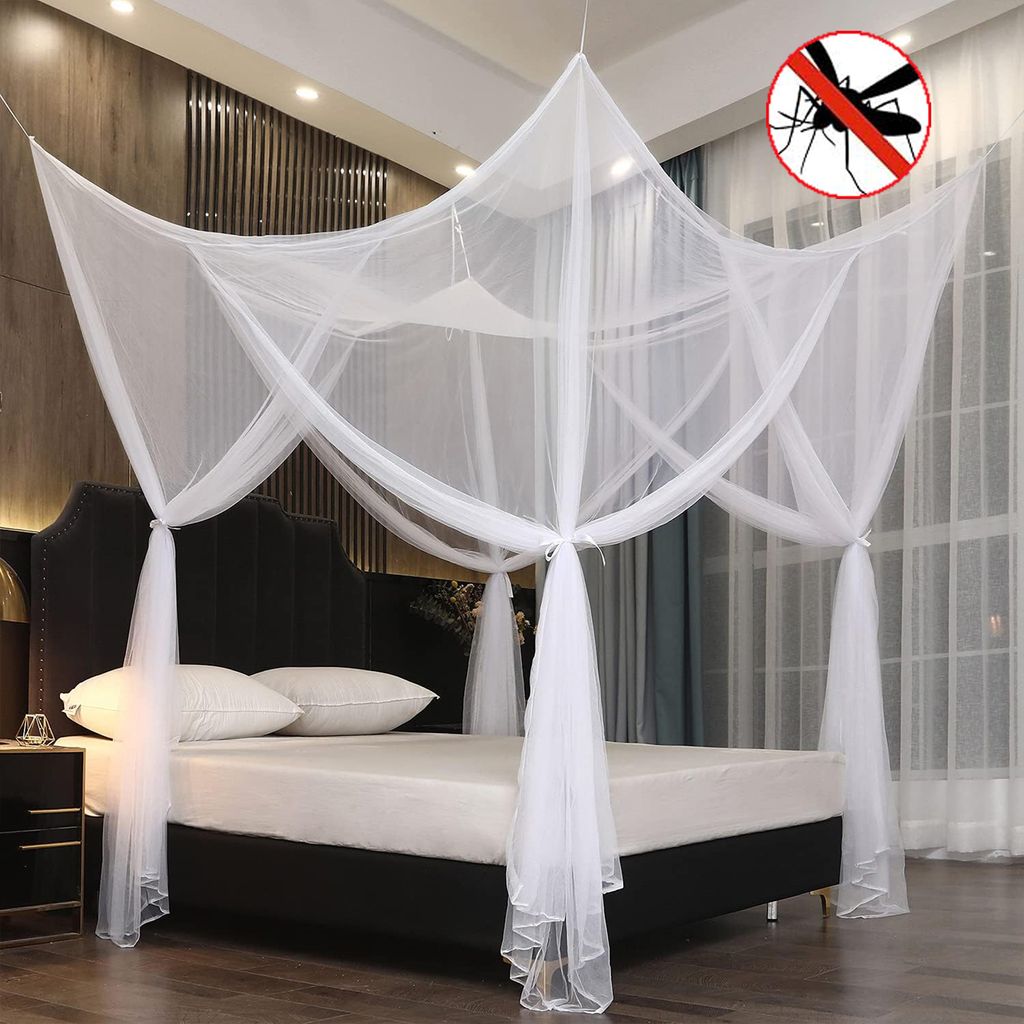 Moskitonetz Bett Doppelbett Innen Außen 4 Seitliche Öffnungen, Betthimmel-Aufhängeset Moskitoschutz 210x190x240cm, Weiß